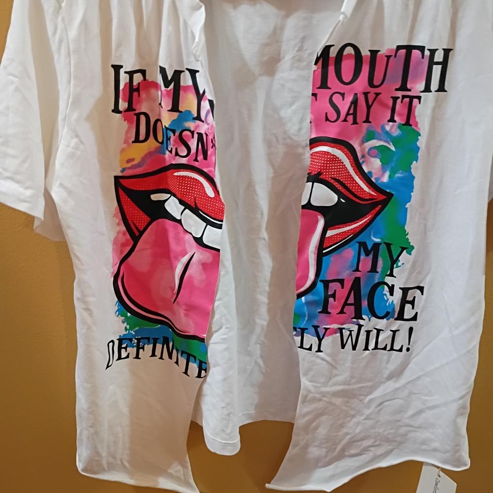 Women's White Graphic Tee with Colorful Lip Design